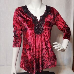 One World Red Crushed Velvet Tunic Top ¾ Sleeves Embroidery Beaded Small